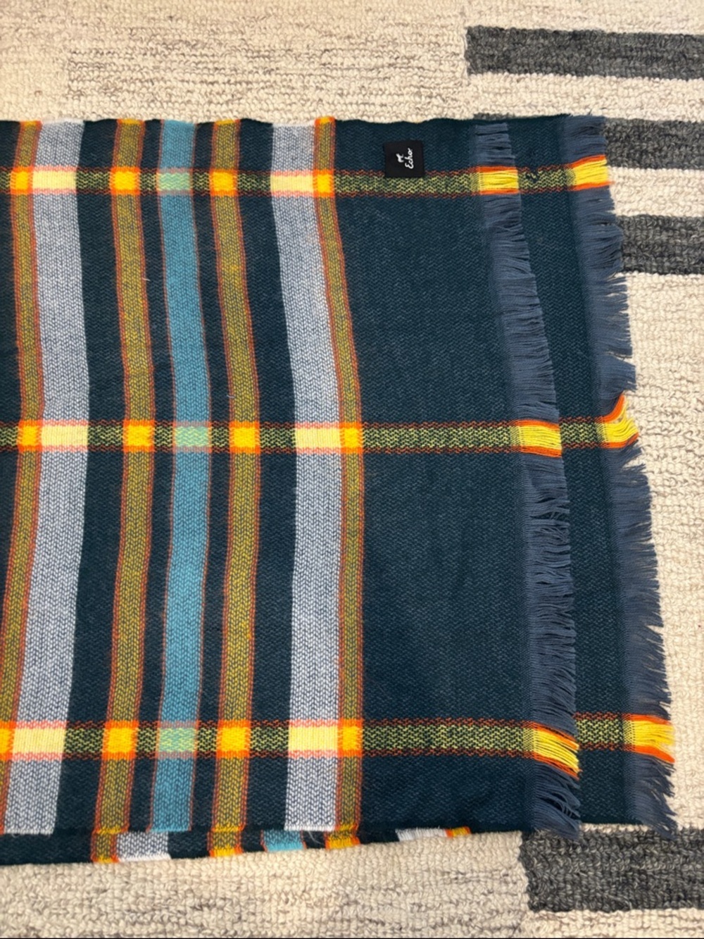 Echo Plaid Scarf Navy Yellow Tartan Fringe Wrap - Picture 7 of 12